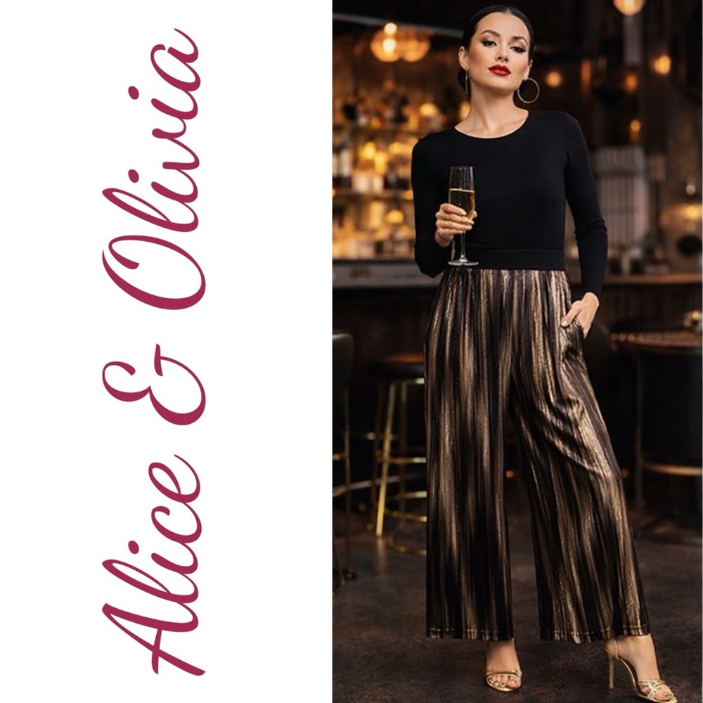 Alice + Olivia Gold Multi Metallic Pleated Wide Leg Pants XS‎ NWT Studio 54